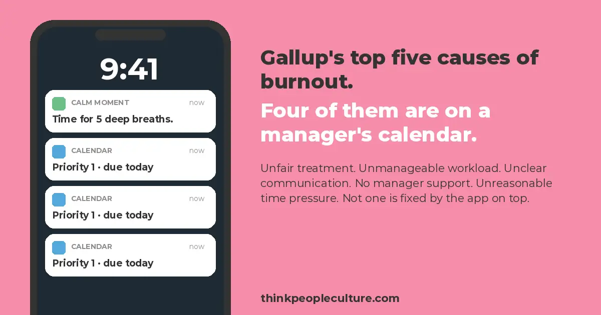 Phone showing a meditation reminder on top of four Priority 1 calendar alerts, Gallup's causes of high performer burnout