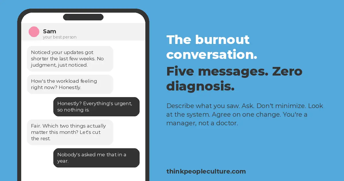 Text thread showing a manager's five message burnout conversation with a high performer